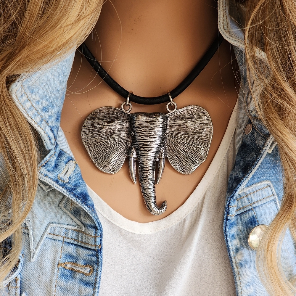 Tribal Large African Elephant Head Pendant Black Cord Unique Designer Jewelry